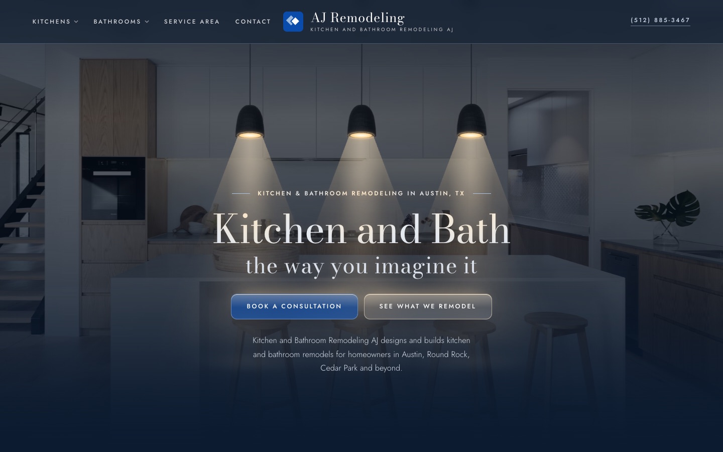 A remodeler home page with pendant lamps over a kitchen island